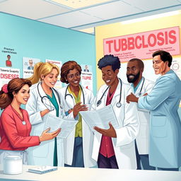 A powerful and inspirational illustration depicting a diverse group of healthcare workers passionately fighting against tuberculosis