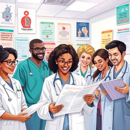 A powerful and inspirational illustration depicting a diverse group of healthcare workers passionately fighting against tuberculosis