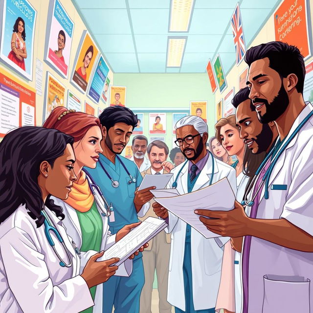 A powerful and inspirational illustration depicting a diverse group of healthcare workers passionately fighting against tuberculosis