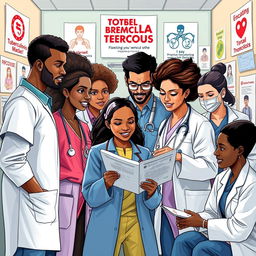 A powerful and inspirational illustration depicting a diverse group of healthcare workers passionately fighting against tuberculosis