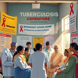 An inspirational scene depicting a community working together to combat tuberculosis