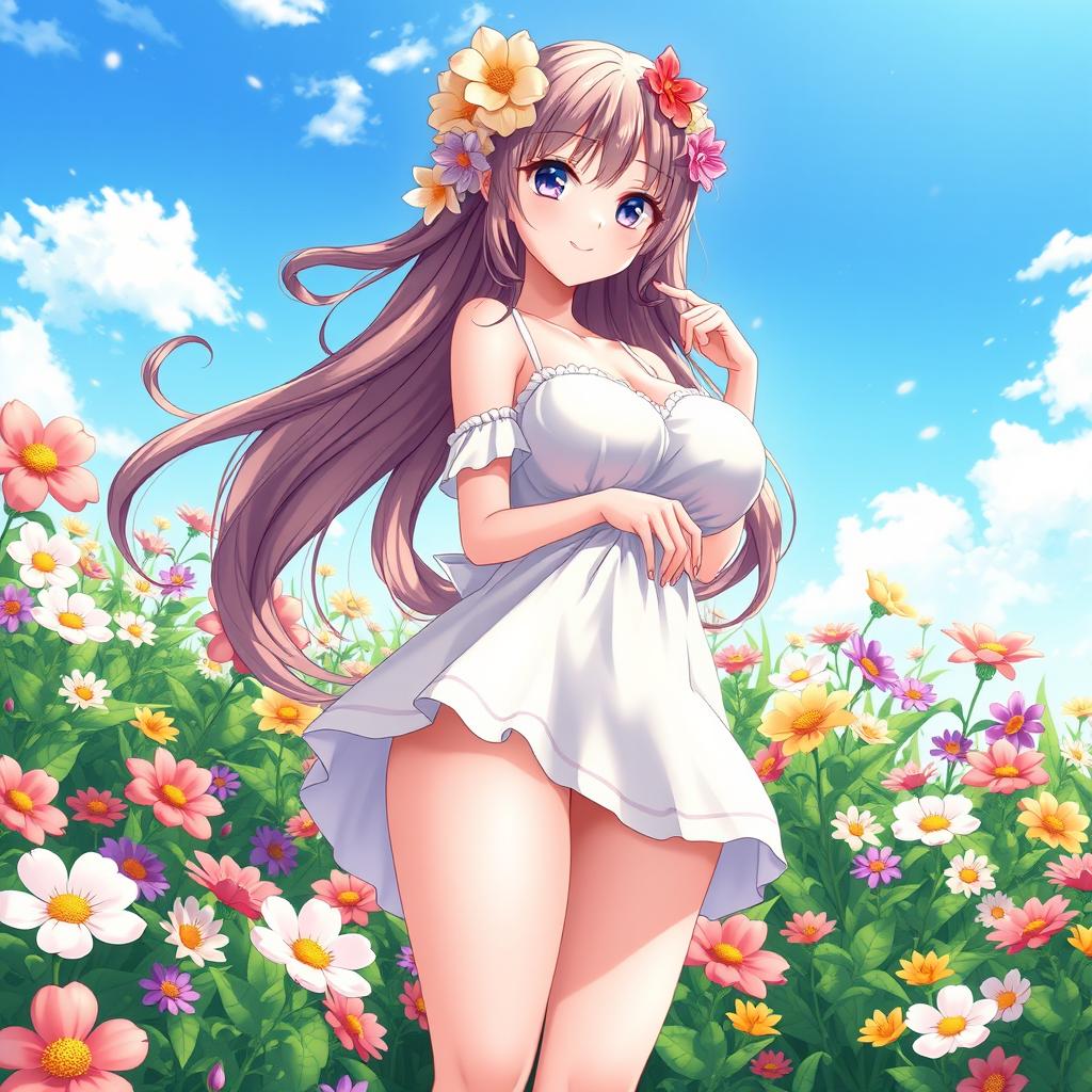 An anime-style illustration of a beautiful flower girl