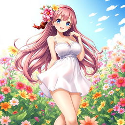 An anime-style illustration of a beautiful flower girl