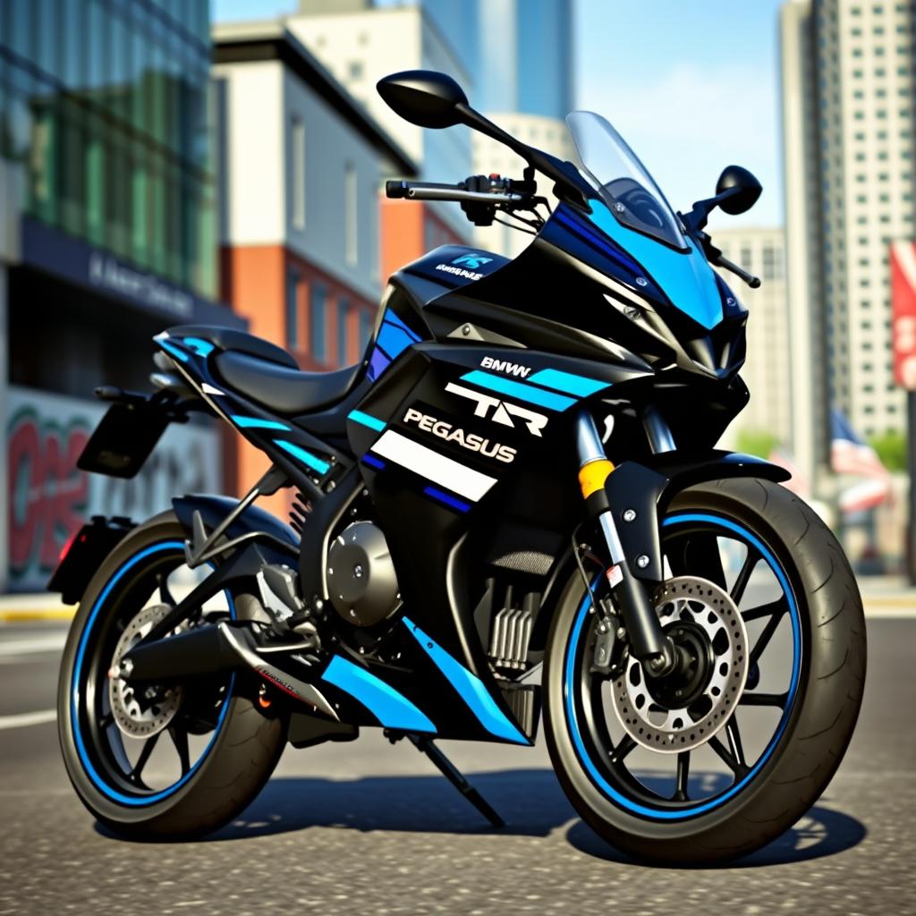 A city bike, specifically a Pegasus model, painted in a striking livery similar to the BMW M3 GTR from Need for Speed Most Wanted