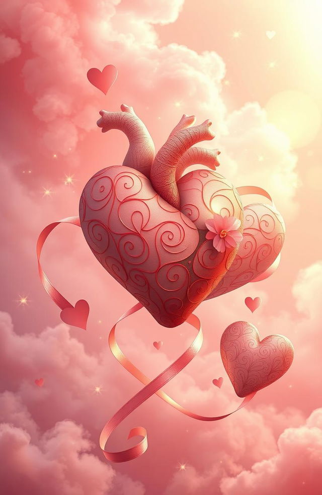 A beautiful, abstract representation of love and healing, featuring intricately designed hearts being rebuilt and intertwined with soft ribbons of light