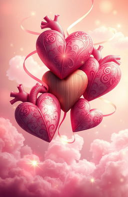 A beautiful, abstract representation of love and healing, featuring intricately designed hearts being rebuilt and intertwined with soft ribbons of light