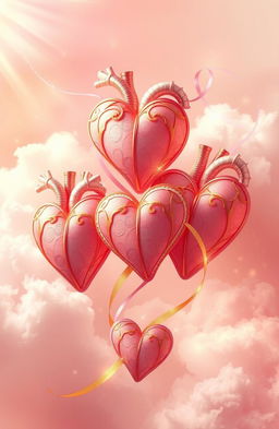 A beautiful, abstract representation of love and healing, featuring intricately designed hearts being rebuilt and intertwined with soft ribbons of light