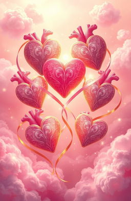 A beautiful, abstract representation of love and healing, featuring intricately designed hearts being rebuilt and intertwined with soft ribbons of light