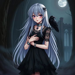 A striking silver-haired goth anime girl with long, flowing hair and piercing purple eyes