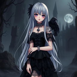 A striking silver-haired goth anime girl with long, flowing hair and piercing purple eyes