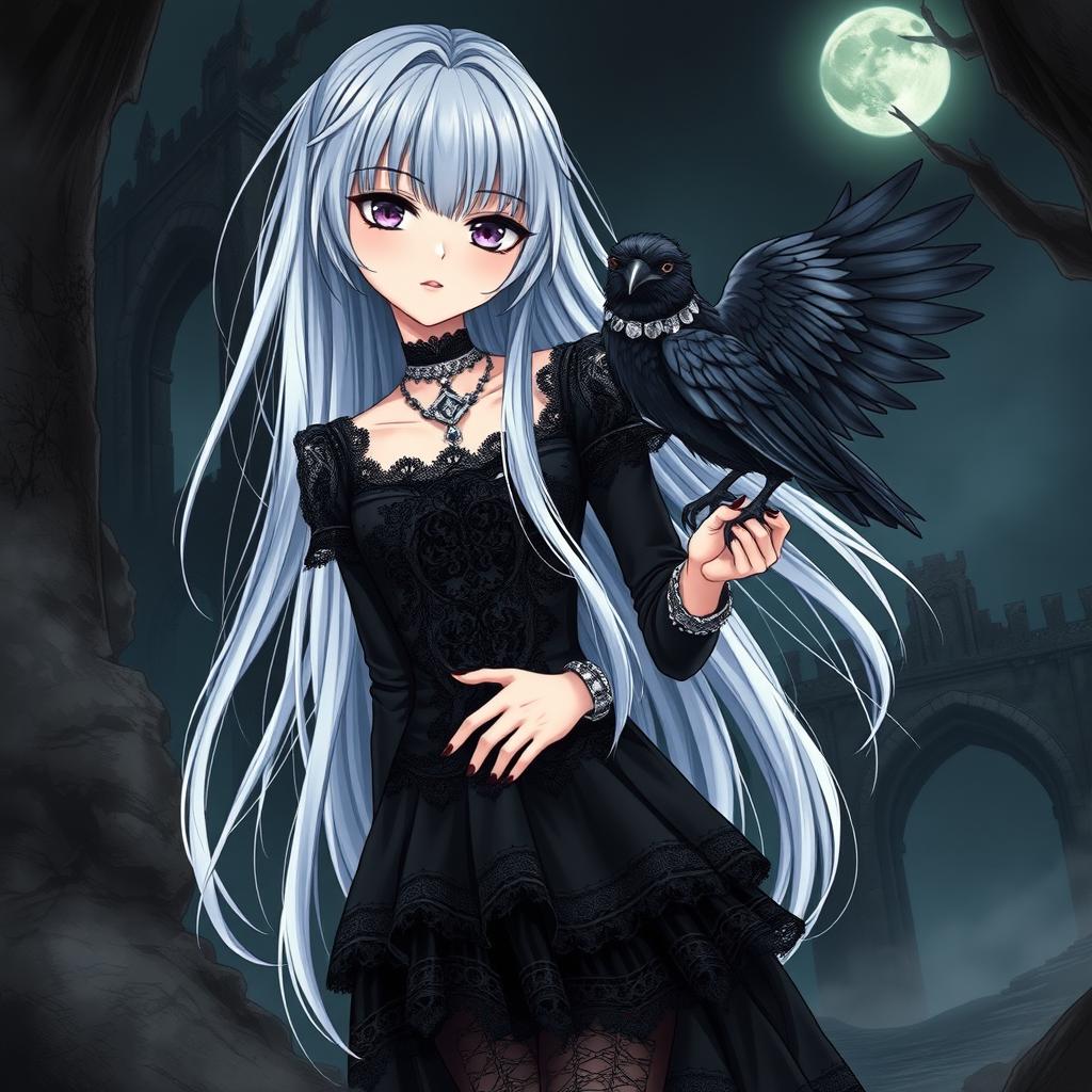 A striking silver-haired goth anime girl with long, flowing hair and piercing purple eyes