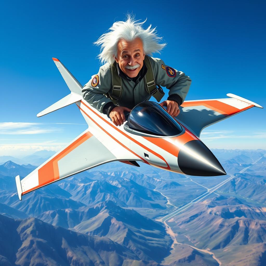 A dynamic and thrilling depiction of Albert Einstein, characterized by his iconic wild white hair and expressive features, confidently riding on top of a futuristic racing jet as it soars through a vibrant blue sky