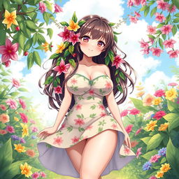 An anime-style illustration of a enchanting plant flower girl