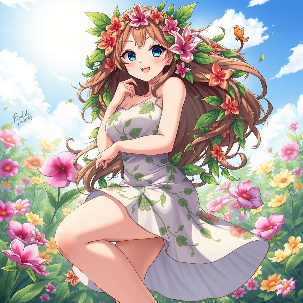 An anime-style illustration of a enchanting plant flower girl