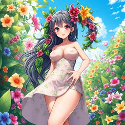An anime-style illustration of a enchanting plant flower girl