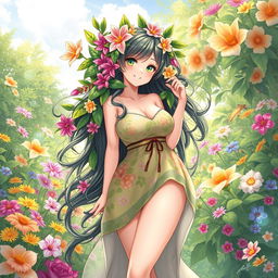 An anime-style illustration of a enchanting plant flower girl