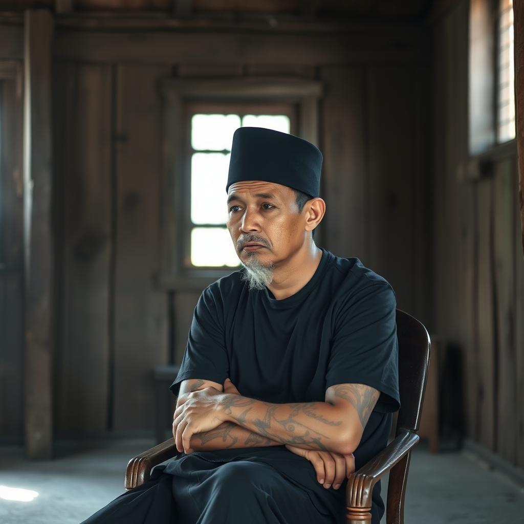 A Muslim man from Indonesia, dressed in a black sarong and a black t-shirt, wearing a black songkok