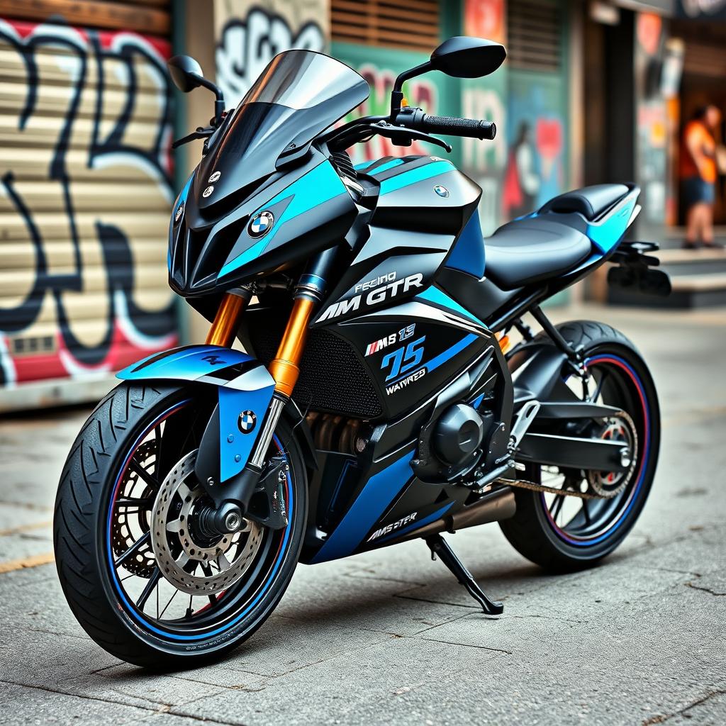 A vibrant city bike designed in the iconic livery of the BMW M3 GTR from Need for Speed: Most Wanted, featuring its distinctive black and blue color scheme, intricate sponsor logos, and racing stripes