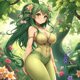 An anime-style illustration of a captivating plant girl, embodying the essence of nature
