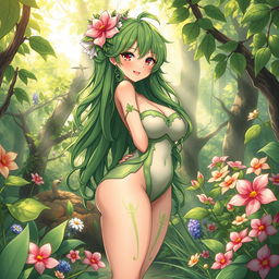An anime-style illustration of a captivating plant girl, embodying the essence of nature