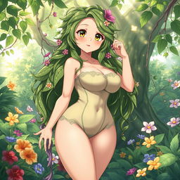 An anime-style illustration of a captivating plant girl, embodying the essence of nature