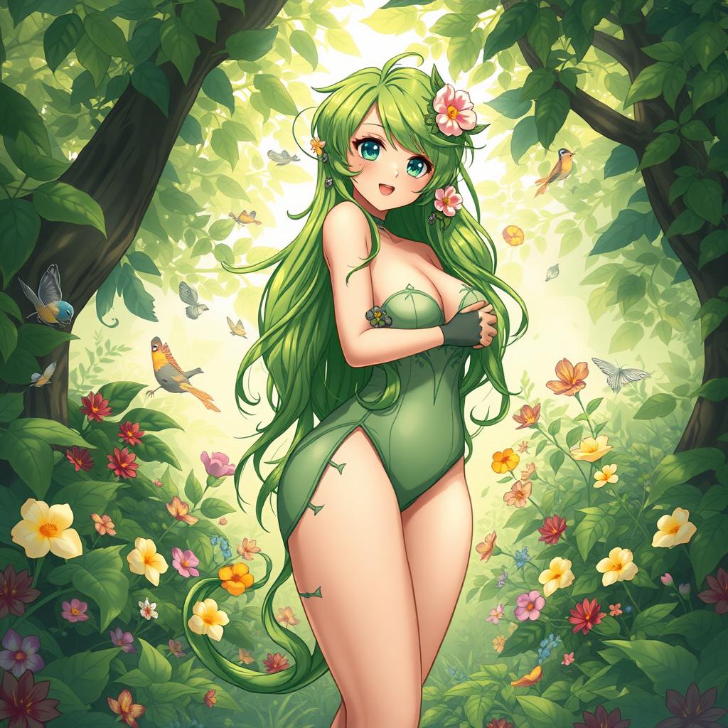 An anime-style illustration of a captivating plant girl, embodying the essence of nature