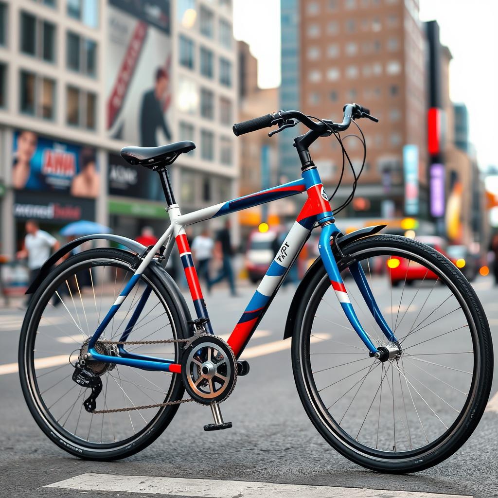 A vibrant city bicycle painted in a striking combination of blue, white, and red colors, showcasing a sleek modern design