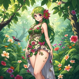 An anime-style illustration of a stunning plant girl, embodying the essence of nature