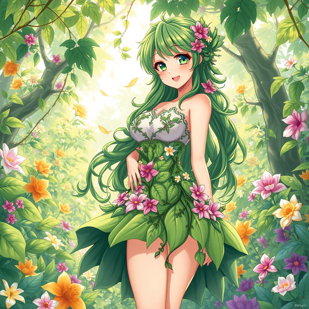 An anime-style illustration of a stunning plant girl, embodying the essence of nature