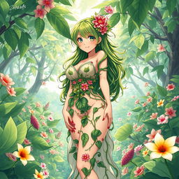 An anime-style illustration of a stunning plant girl, embodying the essence of nature