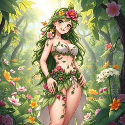 An anime-style illustration of a stunning plant girl, embodying the essence of nature
