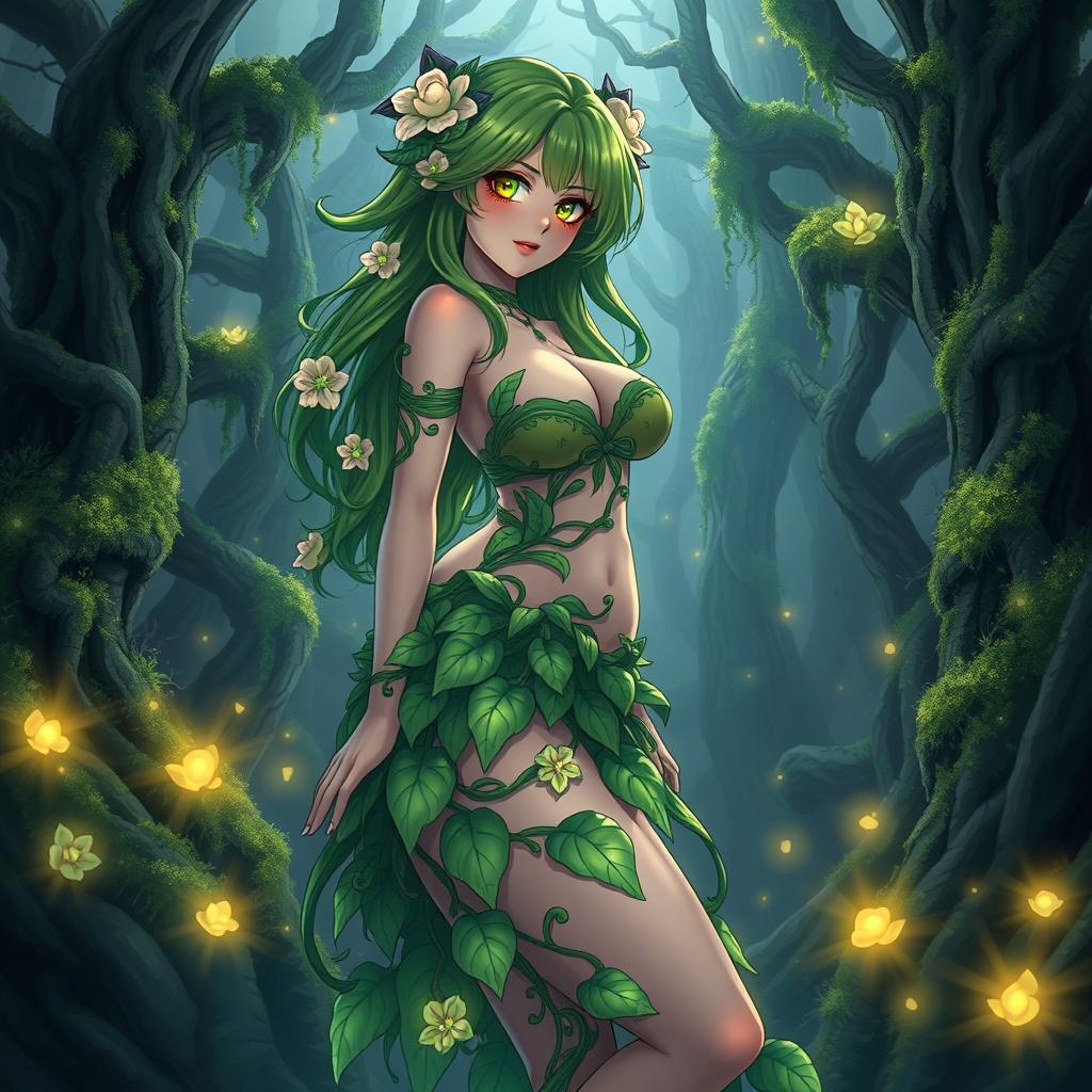 An anime-style illustration of a stunning plant girl set in a dark magical forest