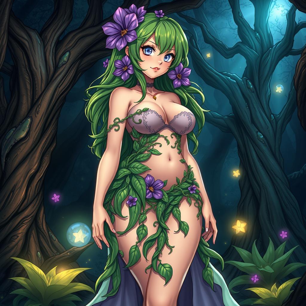 An anime-style illustration of a breathtaking plant girl set in a dark magical forest