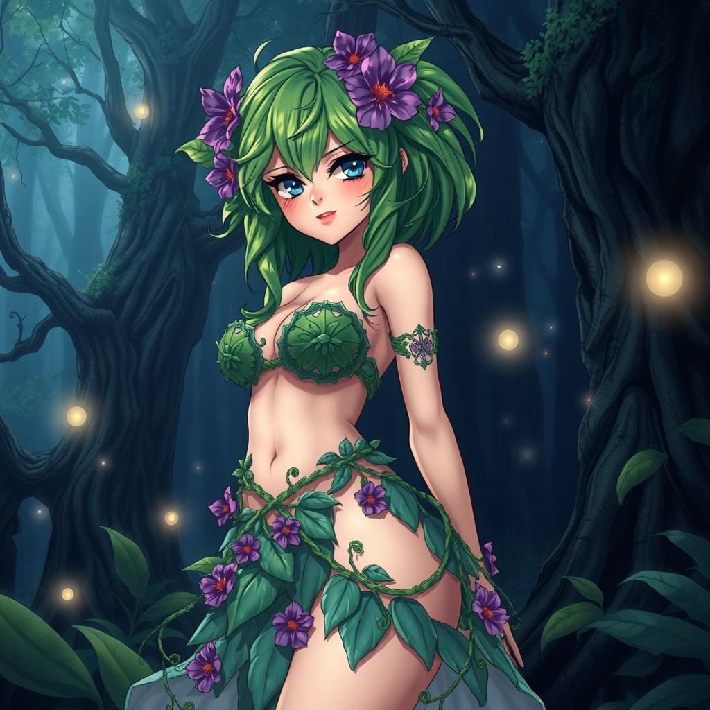 An enchanting anime-style illustration of a beautiful plant girl immersed in a dark magical forest