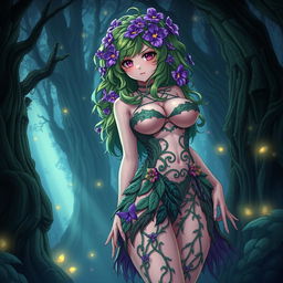 An enchanting anime-style illustration of a striking plant girl in a dark magical forest