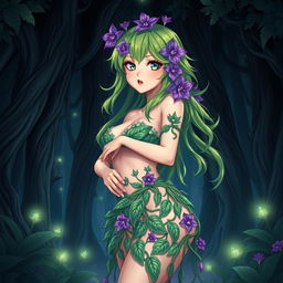 An enchanting anime-style illustration of a striking plant girl in a dark magical forest