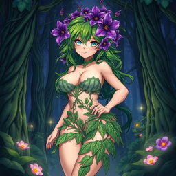 An enchanting anime-style illustration of a striking plant girl in a dark magical forest