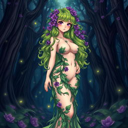 An anime-style illustration of a stunning plant girl standing confidently in a dark magical forest