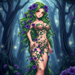 An anime-style illustration of a stunning plant girl standing confidently in a dark magical forest