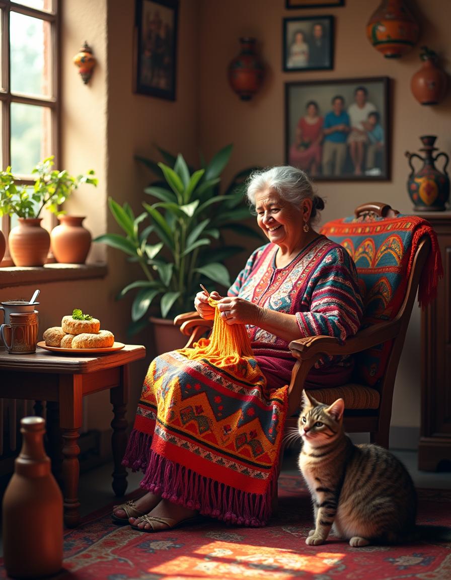 A loving and warm-hearted abuelita (grandmother) sitting in a cozy living room filled with traditional Mexican decorations