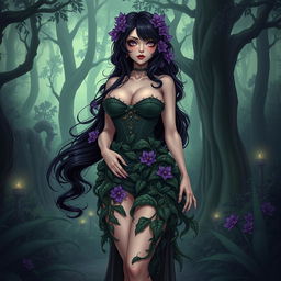 A gothic anime-style illustration of a stunning plant girl standing in a dark magical forest