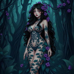 A gothic anime-style illustration of a stunning plant girl standing in a dark magical forest