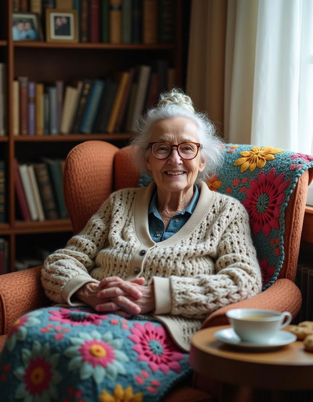 An elderly woman with silver hair braided into a bun, wearing a cozy knitted cardigan and thick glasses, seated in a comfy armchair