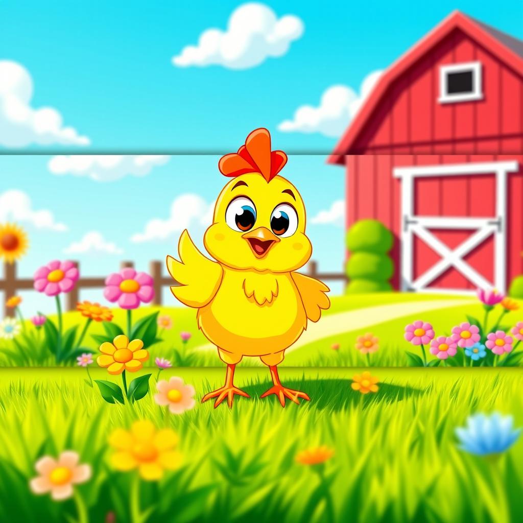 A vibrant and cheerful Facebook cover photo featuring a cute, cartoon-style chicken standing in a sunny farmyard