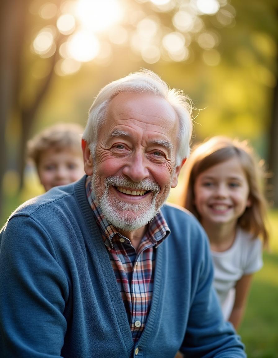 A warm and cheerful portrait of an elderly man, embodying the image of a loving grandpa