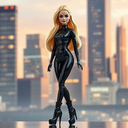 A realistic depiction of a glamorous Barbie doll dressed in form-fitting, shiny latex clothing