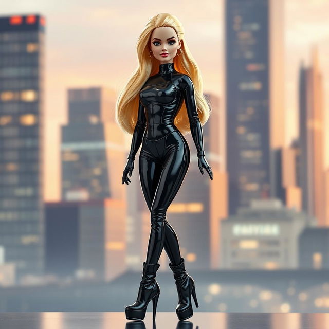A realistic depiction of a glamorous Barbie doll dressed in form-fitting, shiny latex clothing