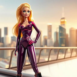 A realistic depiction of a glamorous Barbie doll dressed in form-fitting, shiny latex clothing