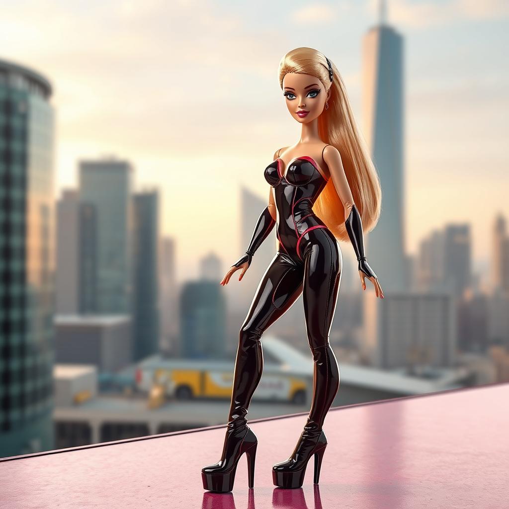 A realistic depiction of a glamorous Barbie doll dressed in form-fitting, shiny latex clothing