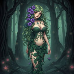 A captivating gothic anime-style illustration of a beautiful plant girl standing in a dark magical forest